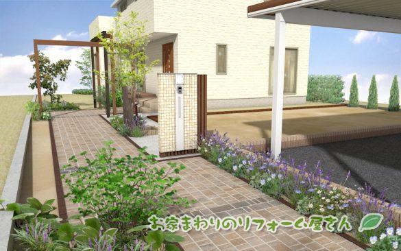 長めのアプローチのご提案例 岡谷市の庭づくり 外構 ガーデニングの専門店